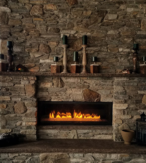 stone fireplace with decorations